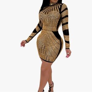 PORRCEY Women's Sexy Rhinestone Long Sleeve Night Club Dress Party Clubwear Even